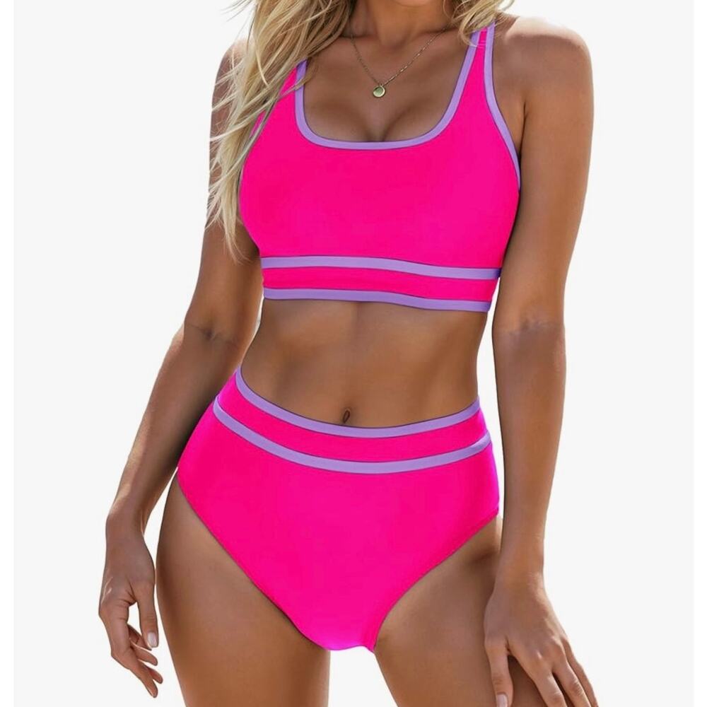 Blooming Jelly High Waist Bikini Set Pink Purple Color Block Medium 2 Piece Suit